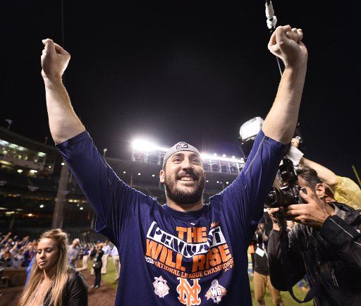 New York Mets starting pitcher Matt Harvey celebrates after defeating the Chicago Cubs in game 4 of the National League Championship Series at Wrigley Field in Chicago on October 21, 2015. The Mets defeated the Cubs 8-3 to win the NLCS 4-0. Photo by ...