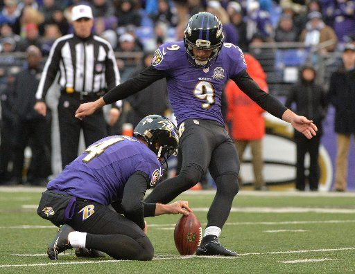 Baltimore Ravens kicker Justin Tucker (9) kicks a 20-yard field goal against the St. Louis Rams in the fourth quarter at M&T Bank Stadium in Baltimore, Maryland on November 22, 2015. Photo by Kevin Dietsch\/