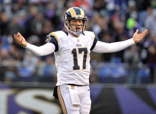 St. Louis Rams quarterback Case Keenum reacts to a call against the Baltimore Ravens in the fourth quarter at M&T Bank Stadium in Baltimore, Maryland on November 22, 2015. Photo by Kevin Dietsch\/