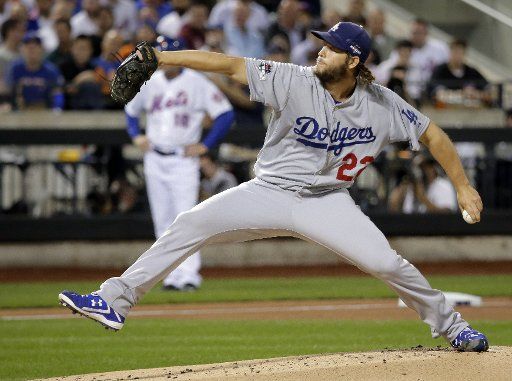 Los Angeles Dodgers starting pitcher Clayton Kershaw throws a pitch to the New York Mets in the first inning of game 4 of the NLDS at Citi Field in New York City on October 13, 2015. Photo by Ray Stubblebine\/