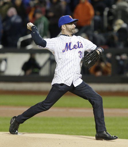 Jimmy Kimmel throws out the first pitch before the New York Mets play the Chicago Cubs in game two of the NLCS at Citi Field in New York City on October 18, 2015. Photo by John Angelillo\/