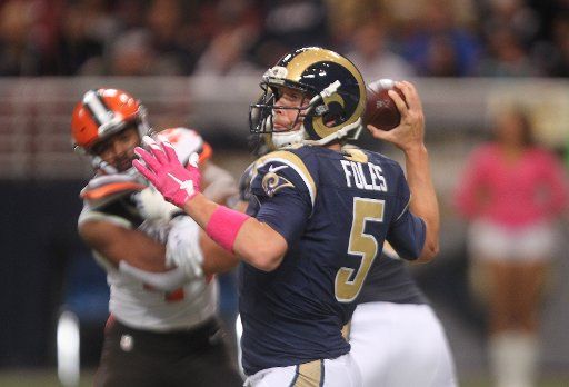 St. Louis Rams quarterback Nick Foles throws the football during the third quarter against the Cleveland Browns at the Edward Jones Dome in St. Louis on October 25, 2015. St. Louis won the game 24-6. Photo by Bill Greenblatt\/