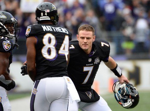 Baltimore Ravens quarterback Ryan Mallett (7) celebrates his 8-yard touchdown throw to receiver Chris Matthews during the first half of their NFL game against the Pittsburgh Steelers at M&T Bank Stadium in Baltimore, Maryland, December 27, 2015. ...