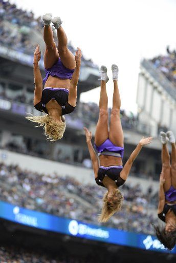 Baltimore Ravens cheerleaders performing during first half action against the Pittsburgh Steelers at M&T Bank Stadium in Baltimore, Maryland on December 27, 2015. Photo by David Tulis\/