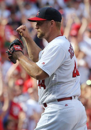 St. Louis Cardinals pitcher Trevor Rosenthal pumps his fist after the third out and a 4-3 win over the Cincinnati Reds at Busch Stadium in St. Louis on April 17, 2016. Photo by Bill Greenblatt\/