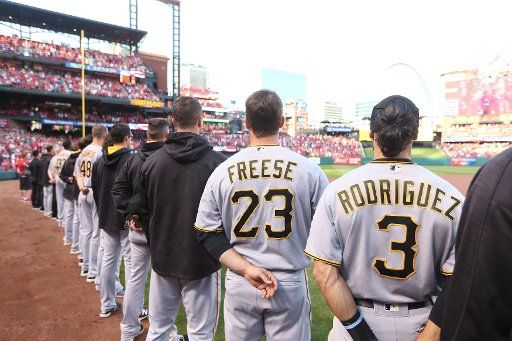 Former St. Louis Cardinals favorite now Pittsburgh Pirates David Freese, stands during the National Anthem at Busch Stadium in St. Louis on May 6, 2016. Photo by Bill Greenblatt\/