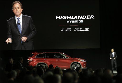 Toyota Group Vice-President and General Manager Bill Fay unveils the 2017 Hylander Hybrid LE XLE at the 2016 New York International Auto Show at the Jacob K. Javits Convention Center in New York City on March 23, 2016. The first New York Auto Show ...