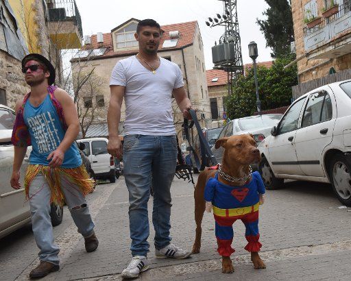A dog wears a Superman costume on the Jewish holiday of Purim in Jerusalem, Israel, March 25, 2016. Purim is a joyful holiday that celebrates the salvation of the Jews from genocide in ancient Persia, as recounted in the book of Esther. Photo by ...