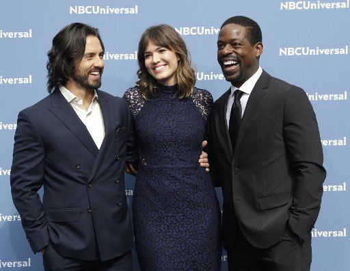 Milo Ventimiglia, Mandy Moore and Sterling K. Brown arrive on the carpet the 2016 NBCUNIVERSAL Upfront at Radio City Music Hall on May 16, 2016 in New York City. Photo by John Angelillo\/