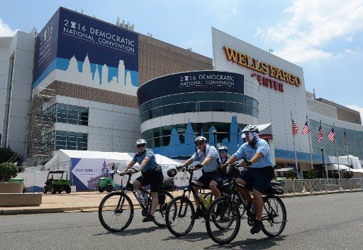 Security police on bicycles patrol at the entrance of the Wells Fargo Center where preparations are underway to hold the Democratic National Convention in Philadelphia, Pennsylvania on Saturday, July 23, 2016. The four-day convention starts on ...