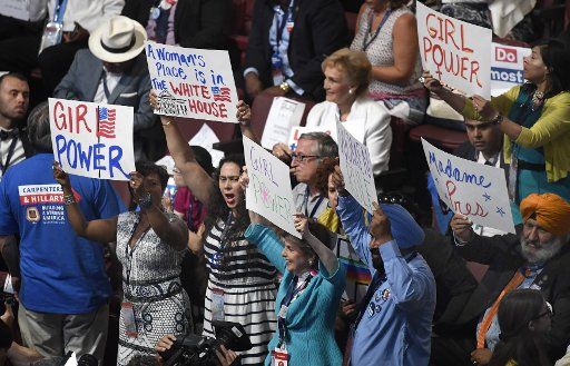 Delegates from California raise signs to support nominee Hillary Clinton during the 2016 Democratic National Convention at Wells Fargo Center in Philadelphia, Pennsylvania on July 27, 2016. The delegates have confirmed the nomination of Hillary ...