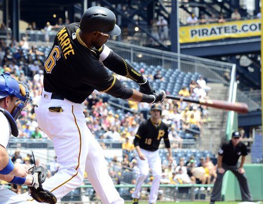 Pittsburgh Pirates left fielder Starling Marte (6) doubles in the first inning against the Los Angeles Dodgers scores Pirates shortstop Jordy Mercer at PNC Park on June 27, 2016 in Pittsburgh. Photo by Archie Carpenter\/