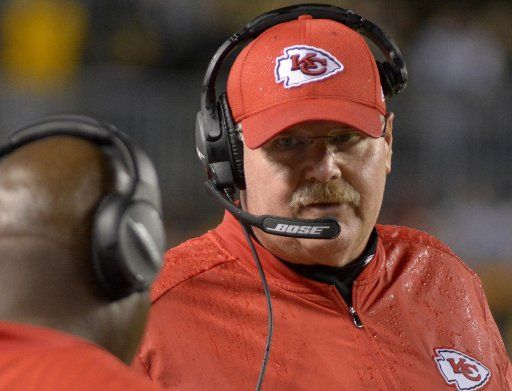 Kansas City Chiefs head coach Andy Reid on the sidelines at Heinz Field against the Pittsburgh Steelers in Pittsburgh on October 2, 2016. Photo by Archie Carpenter\/