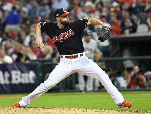 Cleveland Indians starting pitcher Kelly Kluber pitches against the Boston Red Sox during of game 2 of the American League Division Series at Progressive Field in Cleveland, Ohio on October 7, 2016. The Indians defeated the Red Sox 6-0. Photo by ...