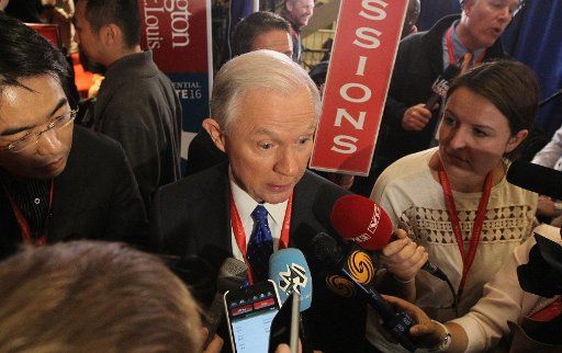 Sen. Jeff Sessions of Alabama speaks to reporters in the spin room following the second presidential debate at Washington University in St. Louis on October 9, 2016. Photo by Bill Greenblatt\/