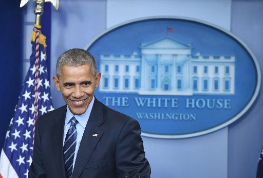 U.S. President Barack Obama smiles as he finishes his annual end-of-the-year press conference in the Brady Press Romm at the White House on December 16, 2016. Obama talked of the issues of the day and reflected on his eight years of office. Photo by ...
