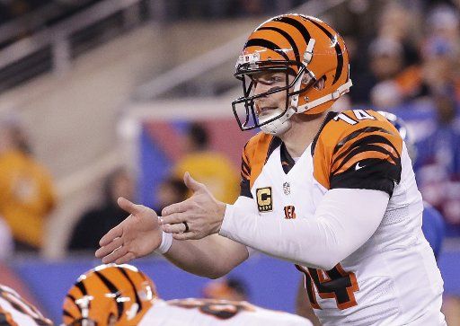 Cincinnati Bengals Andy Dalton calls out a play at the line in the second half against the New York Giants in week 10 of the NFL at MetLife Stadium in East Rutherford, New Jersey on November 14, 2016. The Giants defeated the Bengals 21-20. Photo ...