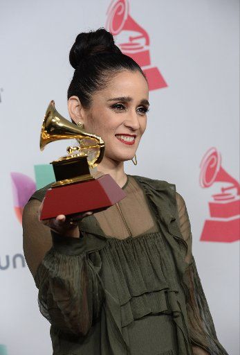 Julieta Venegas appears backstage with the award for best pop rock album for "Algo Sucede" during the 17th annual Latin Grammy Awards at T-Mobile Arena in Las Vegas, Nevada on November 17, 2015. Photo by Jim Ruymen\/
