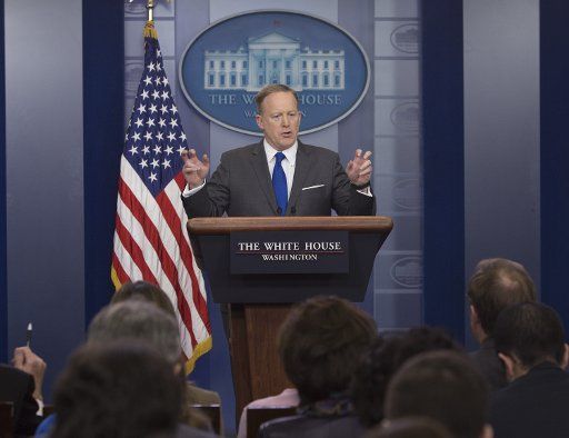 Presidential Press Secretary Sean Spicer holds a news briefing at the White House in Washington, DC on March 20, 2017. Pool photo by Chris Kleponis\/