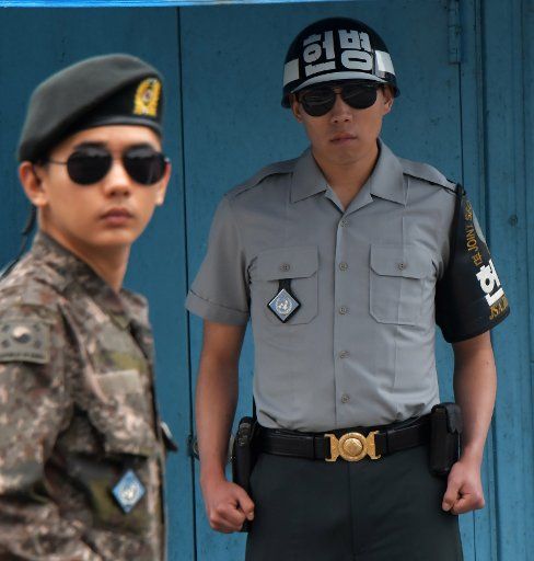 South Korean soldiers stand guard at the joint security area (JSA) of Panmunjom in the demilitarised zone (DMZ) near Paju, South Korea on May 13, 2017. Photo by Keizo Mori\/