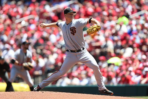 San Francisco Giants starting pitcher Matt Cain delivers a pitch to the St. Louis Cardinals at Busch Stadium in St. Louis on May 21, 2017. Photo by Bill Greenblatt\/