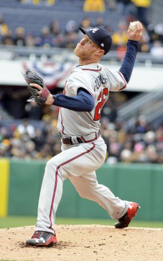 Atlanta Braves starting pitcher Mike Foltynewicz (26) throws in the first inning against the Pittsburgh Pirates on the Pirates Opening Day at PNC Park on April 7, 2017 in Pittsburgh. Photo by Archie Carpenter\/