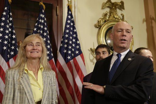 Rep.-elect Greg Gianforte introduces his wife Susan to the media before a ceremonial swearing-in on Capitol Hill in Washington on June 21, 2017. Photo by Yuri Gripas\/