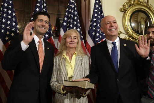 House Speaker Paul Ryan (R-WI) (L) holds ceremonial swearing-in for Rep.-elect Greg Gianforte on Capitol Hill in Washington on June 21, 2017. Photo by Yuri Gripas\/