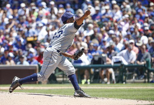 San Diego Padres starting pitcher Miguel Diaz delivers against the Chicago Cubs in the second inning at Wrigley Field on June 21, 2017 in Chicago. Photo by Kamil Krzaczynski\/