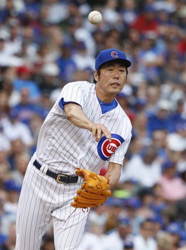 Chicago Cubs relief pitcher Koji Uehara delivers against the San Diego Padres in the eight inning at Wrigley Field on June 21, 2017 in Chicago. Photo by Kamil Krzaczynski\/