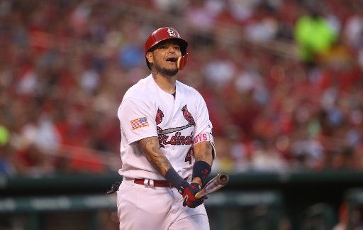St. Louis Cardinals Yadier Molina yells out after striking out in the seventh inning against the Washington Nationals at Busch Stadum in St. Louis on July 1, 2017. Photo by Bill Greenblatt\/