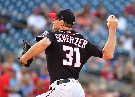 Washington Nationals starting pitcher Max Scherzer (31) pitches against the Atlanta Braves in the second inning at Nationals Park in Washington, D.C. on July 7, 2017. Photo by Kevin Dietsch\/