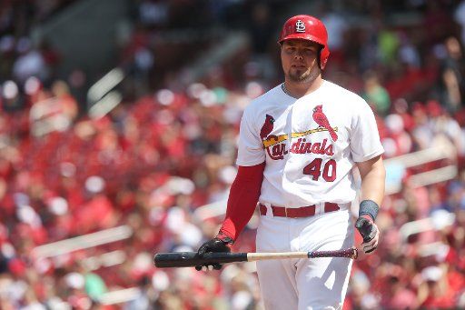 St. Louis Cardinals Luke Voit bats in the eighth inning against the New York Mets at Busch Stadum in St. Louis on July 9, 2017.St. Louis defeated New York 6-0. Photo by Bill Greenblatt\/