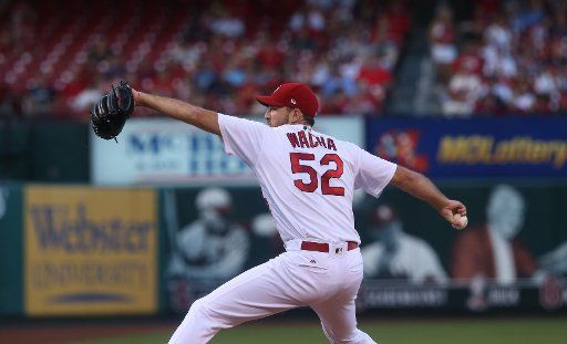 St. Louis Cardinals starting pitcher Michael Wacha delivers a pitch to the Philadelphia Phillies in the first inning at Busch Stadium in St. Louis on June 9, 2017. Photo by Bill Greenblatt\/