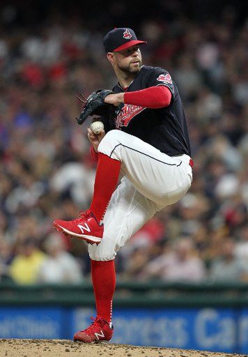 Cleveland Indians Corey Kluber pitches during the seventh inning of a game against the Colorado Rockies at Progressive Field in Cleveland, Ohio on August 8, 2017. Photo by Aaron Josefczyk\/