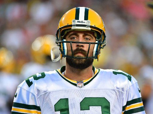 Green Bay Packers Quarterbak Aaron Rodgers is seen on the field during the Packers pre-season game against the Washington Redskins at FedEx Field in Landover, Maryland on August 19, 2017. Photo by Kevin Dietsch\/