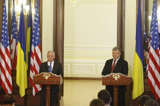 Ukrainian President Petro Poroshenko (R) and U.S. Secretary of Defense James Mattis hold a joint news conference after a military parade to celebrate the Ukrainian Independence Day in Kiev on August 24, 2017. Photo by Ivan Vakolenko\/