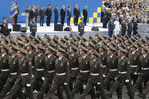 Ukrainian military units march during a military parade to celebrate the Independence Day in Kiev on August 24, 2017. Photo by Ivan Vakolenko\/
