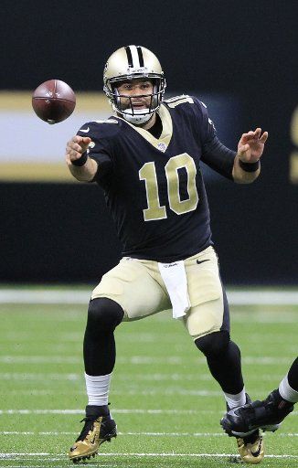 New Orleans Saints quarterback Chase Daniel (10) unsuccessfully tries to flips the ball to a receiver at the Mercedes-Benz Superdome in New Orleans August 31, 2017. Photo by AJ Sisco\/