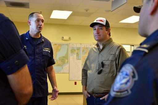 Coast Guard Capt. Kevin Oditt, commanding officer of Coast Guard Sector Houston-Galveston, and Sen. Ted Cruz of Texas discuss Coast Guard rescue operations in response to Hurricane Harvey, on August 31, 2017. Cruz visited Sector Houston-Galveston to ...