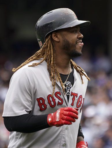 Boston Red Sox designated hitter Hanley Ramirez reacts after he flew out to deep right field against the New York Yankees in the second inning of their American League MLB game at Yankee Stadium in New York City on September 2, 2017. Photo by Ray ...