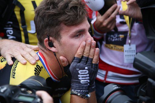 Dylan Groenewegen of The Netherlands reacts after winning the final stage of the Tour de France in Paris on July 23, 2017. Chris Froome of Great Britain claimed his fourth overall Tour de France victory. Photo by David Silpa\/