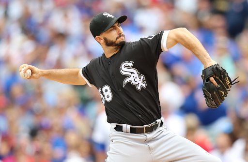 Chicago White Sox Miguel Gonzalez pitches during the first inning of a game against the Chicago Cubs at Wrigley Field in Chicago Illinois on July 24, 2017. Photo by Aaron Josefczyk\/