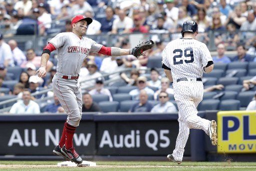 New York Yankees Todd Frazier is out at first base when Cincinnati Reds Joey Votto makes the play in the 5th inning at Yankee Stadium in New York City on July 26, 2017. Photo by John Angelillo\/