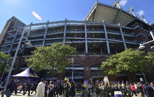 The Baltimore Ravens marching band performs outside M&T Bank Stadium in Baltimore, Maryland, October 1, 2017. Photo by David Tulis\/