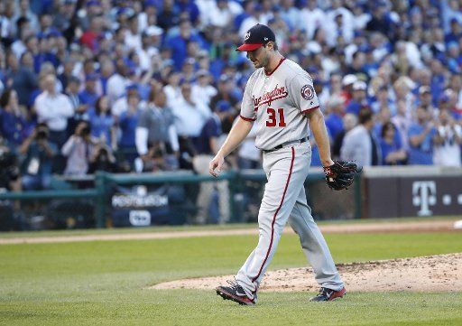 Washington Nationals starting pitcher Max Scherzer is taken out of the game against the Chicago Cubs in the seventh inning of game 3 of the NLDS at Wrigley Field on October 9, 2017 in Chicago. Photo by Kamil Krzaczynski\/