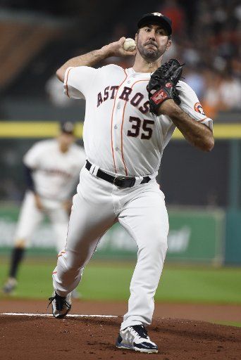 Houston Astros starting pitcher Justin Verlander throws against the New York Yankees in game 6 of the American League Championship Series at Minute Maid Park in Houston, Texas on October 20, 2017. The Yankees lead the series 3-2 over the Astros. ...