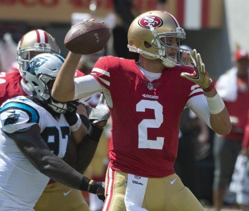San Francisco 49ers QB Brian Hoyer drops back to pass in the first quarter against the Carolina Panthers at Levi\