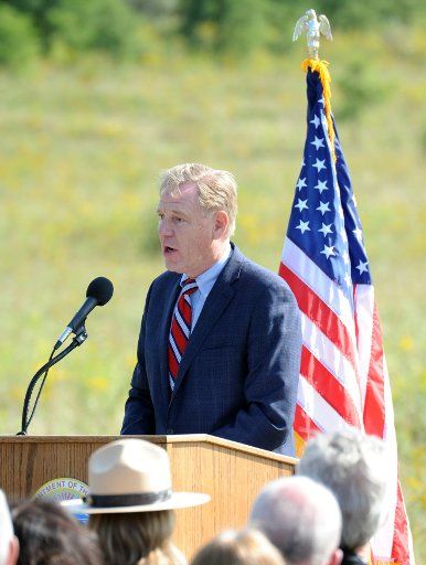 Will Shafroth , President and CEO of the Nation Parks Foundation speaks at the Soundbreaking, for the future site of the Tower of Voices, a 93 feet tall tower of 40 chimes, near the entrance of Flight 93 National Memorial on September 10, 2017 near ...