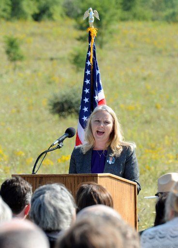 Emily Root Schenkel speaks at the Soundbreaking, for the future site of the Tower of Voices, a 93 feet tall tower of 40 chimes, near the entrance of Flight 93 National Memorial on September 10, 2017 near Shanksville, Pennsylvania . Photo by Archie ...